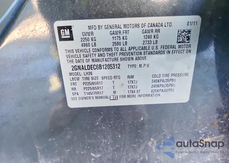 2011 Chevrolet Equinox Lt z USA, uszkodzony, nr VIN 2GNALDEC6B1205312